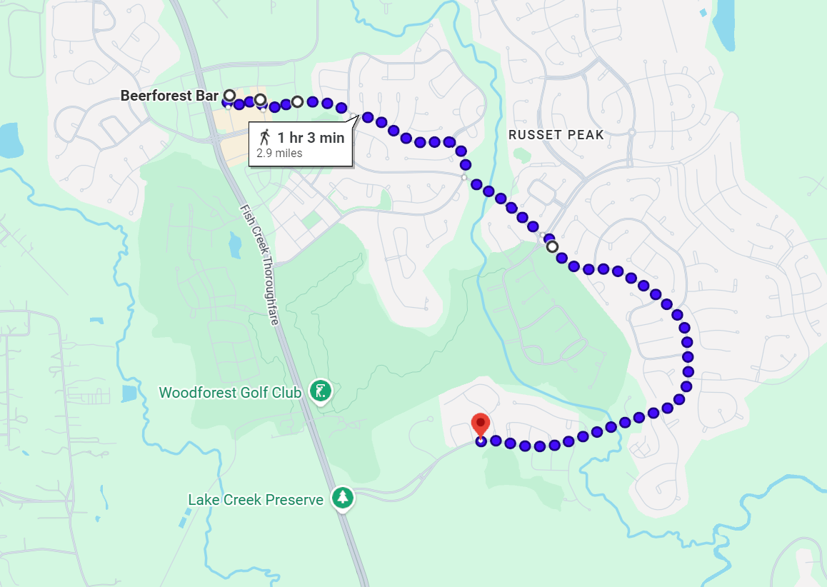Preview map of the Woodforest Ruck route through Woodforest, Texas