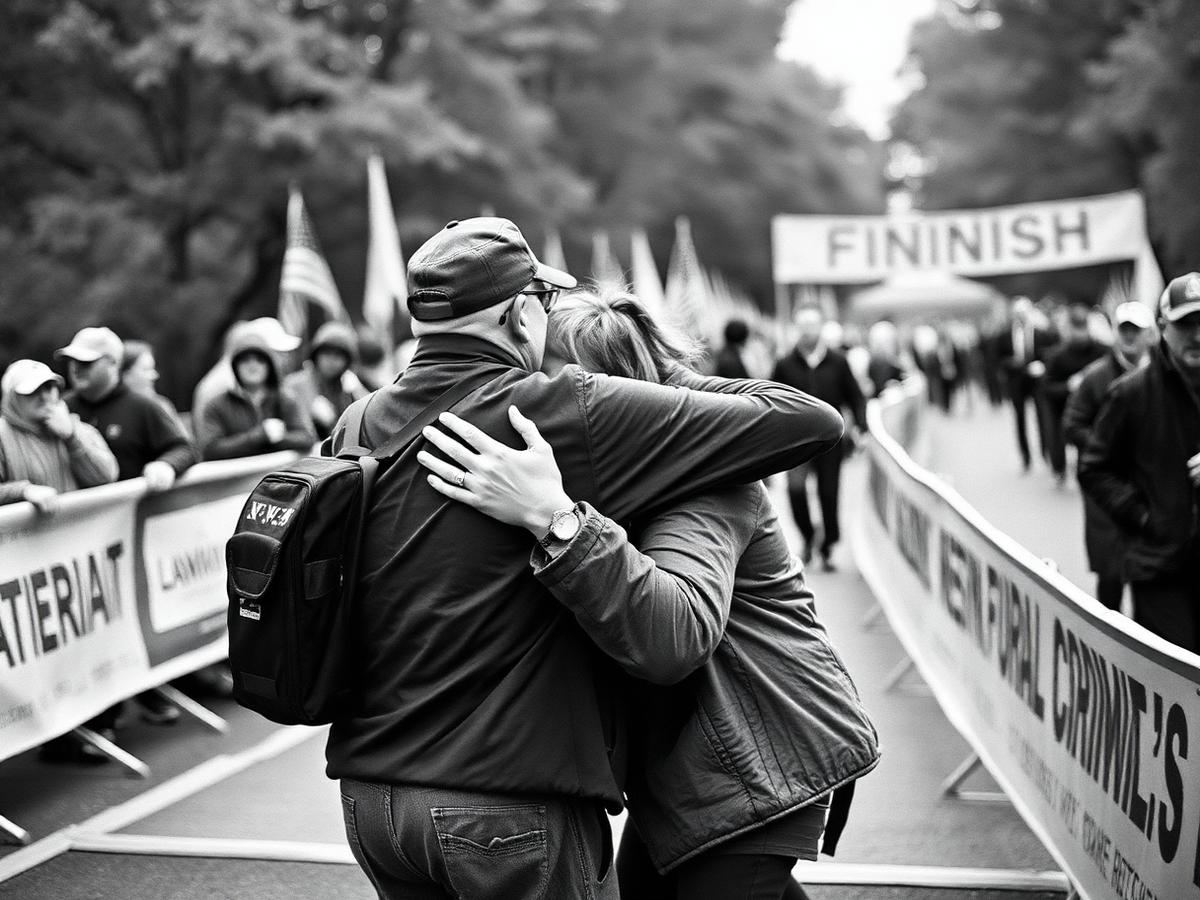 A rucker embraced by family at the Woodforest Ruck finish line