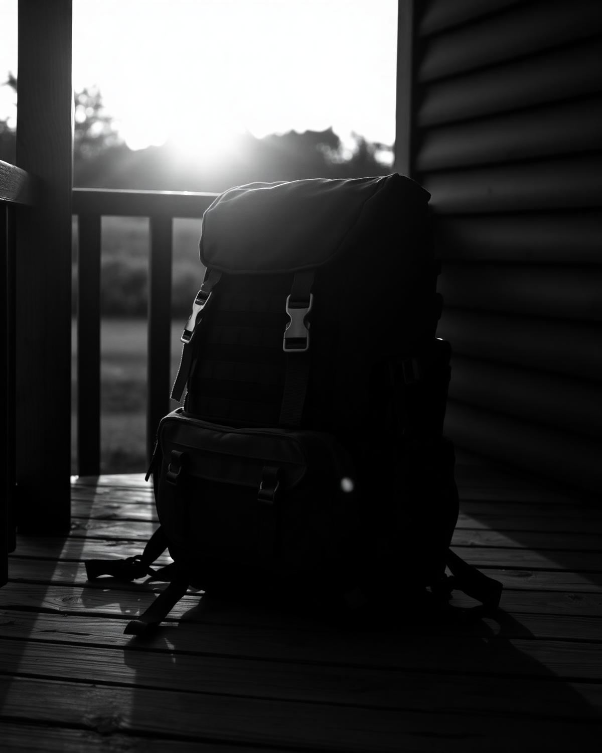 A weighted rucksack resting on the ground at sunrise